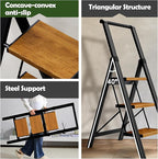 Taranta 3 Step Ladder, Portable Folding Ladder with Wide Pedal,Lightweight Aluminum Step Stool with Convenient Handgrip,330 lbs Capacity Stepladder for Home, Office-BlackWoodgrain