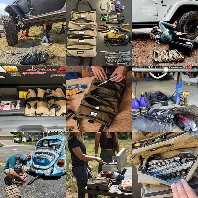 Official Voyager Tool Roll Bag - Easy to Carry 5-Pocket Roll Up Tool Bag - Durable 20oz Canvas, Rust-Proof YKK Zippers & Secure Buckle - A Gift for Dads, Mechanics, Electricians & Hobbyists| ArmyGreen