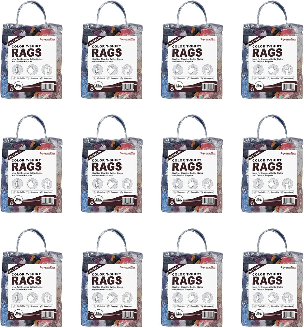 Color T-Shirt Rags (2 lbs. Bag - Pack of 12) - Shop Bulk T-Shirt Cotton Cloth Rag in a Bag, Wipes for House, Mechanic, Auto, Garage, Paint, Window, & Utility