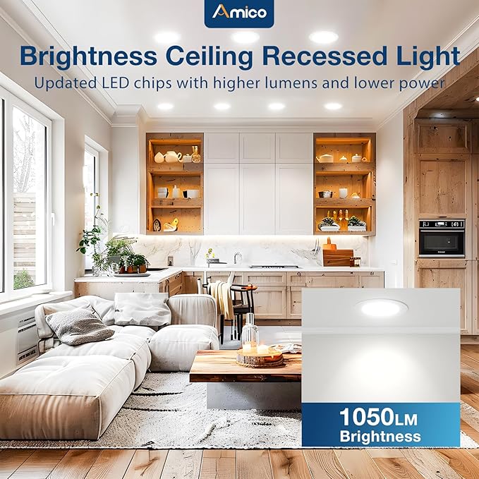 Amico 6 Pack 6 Inch 5CCT Ultra-Thin LED Recessed Ceiling Light with Metal Junction Box, 2700K-5000K Selectable, 12W Eqv 110W, Dimmable Canless Wafer Downlight with Plastic Trim, 1050 Lumens -ETL&FCC