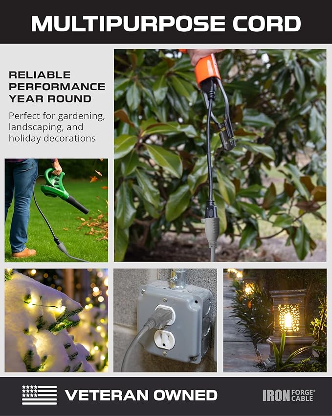 Iron Forge Cable Gray Outdoor Extension Cord 25 ft, 16/3 SJTW 25 Foot Grey 3 Prong Extension Cord Outdoor & Indoor, Weatherproof 13 Amp Heavy Duty Power Cable