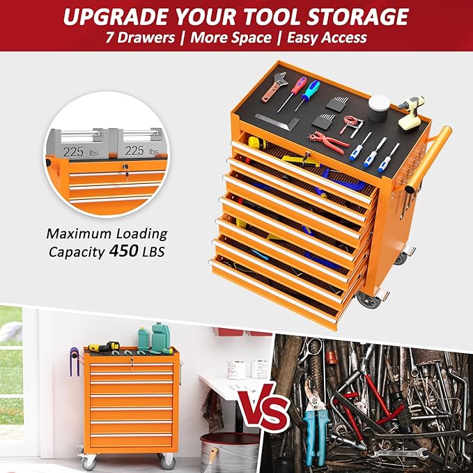 7 Drawers Rolling Tool Chest with Wheels, Portable Rolling Tool Boxes with Wheels, Tool Box Storage Cabinet with Locking System for Workshop(Orange, 7 Drawers)