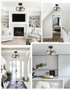 EAPUDUN Farmhouse Ceiling Light, Wooden Semi Flush Mount Ceiling Light Fixtures with Clear Glass Shade, Retro 2-Light Ceiling Lamp for Hallway Entryway Bedroom Kitchen Dining Room SMA1444-FBDT