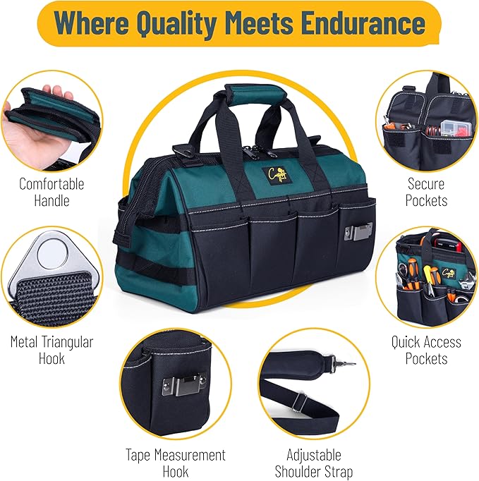 Garden Tool Bag Organizer – 13 Pocket Heavy-Duty Gardening Tote with 7 Outer & 6 Inner Compartments, Anti-Slip Base, Adjustable Shoulder Strap & Belt – Garden Organizers and Storage (Green)