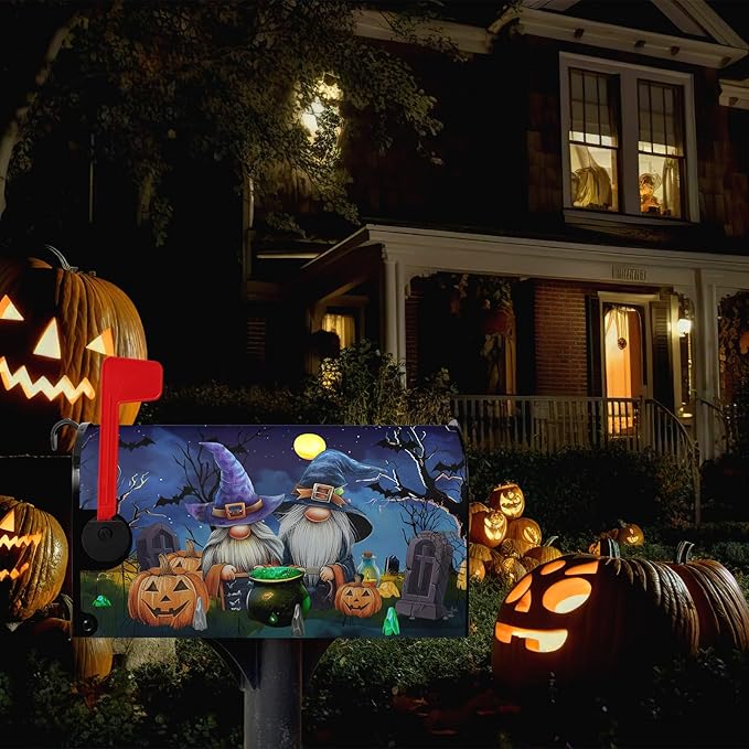 Halloween Pumpkins Magnetic Mailbox Covers Standard Size 21x18 Inches Gnome Halloween Moon Night Mailbox Wraps Letterbox Covers Garden Yard Home Decor for Outdoor