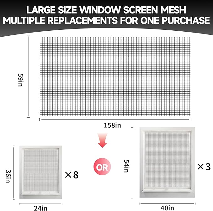 Window Screen Door Repair/Replacement Kit,59" x158" Adjustable Durable Fiberglass Window Screen Mesh,with Spline/Roller/Hook/Clips Screen Door Repair Kit,DIY Window,Porch Sliding Door(Black)