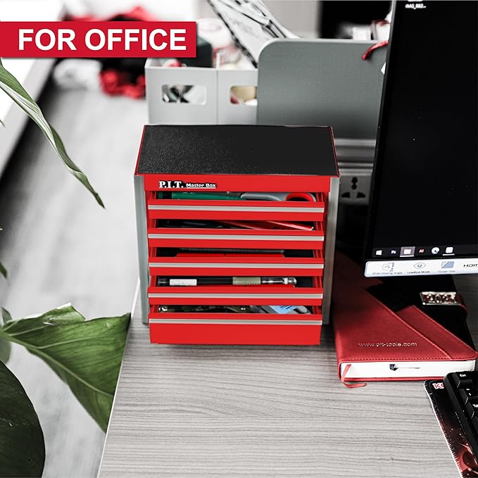 P.I.T. Mini Red Tool Box, Portable 5-Drawer Micro Roll Cab Steel Tool Box with Liner, Red Small Tool Case for Tools Storage, Home DIY