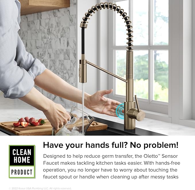 KRAUS Oletto Touchless Sensor Commercial Pull-Down Single Handle Kitchen Faucet with QuickDock Top Mount Assembly in Spot Free Antique Champagne Bronze, KSF-2631SFACB