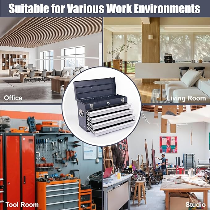 4 Drawers Metal Tool Box, 21" Portable Steel Tool Chest w/Key Lock & Latch Closure, Multi-Function Top Storage Tray Toolbox w/Powder Coating & Ball Bearing Slides for Garage (Antique Grey)