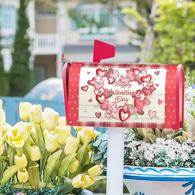 Kawani Happy Valentine's Day Mailbox Covers Magnetic Pink Red Love Heart Valentines Mailbox Covers Magnetic Standard Size 21x18 Inch Holiday Post Letter Box Cover for Garden Yard Decor