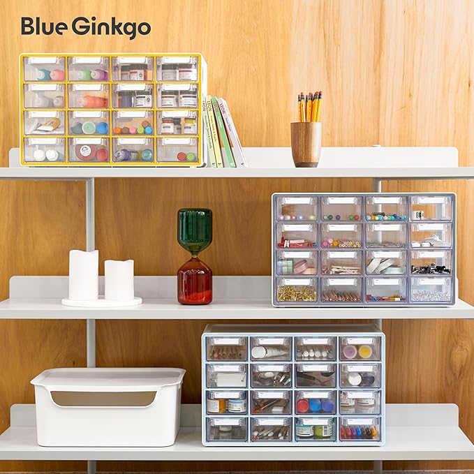 Blue Ginkgo Medium 16-Drawer Cabinet – Stackable Clear Organizer for Hardware, Beads, Plastic Bricks, Office, and Craft Storage (Made in Korea, Blue)