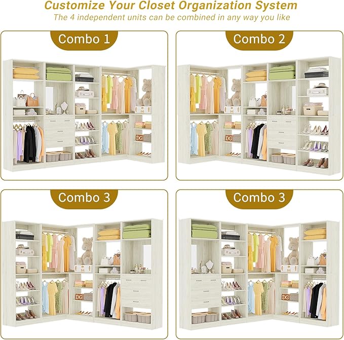 Unikito 110” Closet System with Drawers, 9.3FT Corner Closet Organizer with 4 Hanging Rods, Reversible Large Wood L Shaped Walk in Closets Wardrobe with Shoe Shelves, Set of 4, White Oak