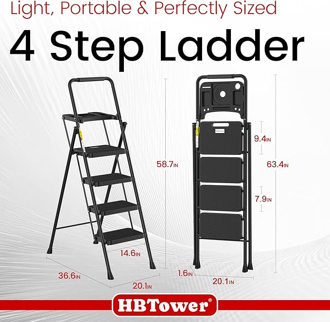 HBTower Step Ladder, Folding Step Stool with Wide Anti-Slip Pedal, Sturdy Steel Ladder, Convenient Handrail, Lightweight, Portable Steel Step Stool