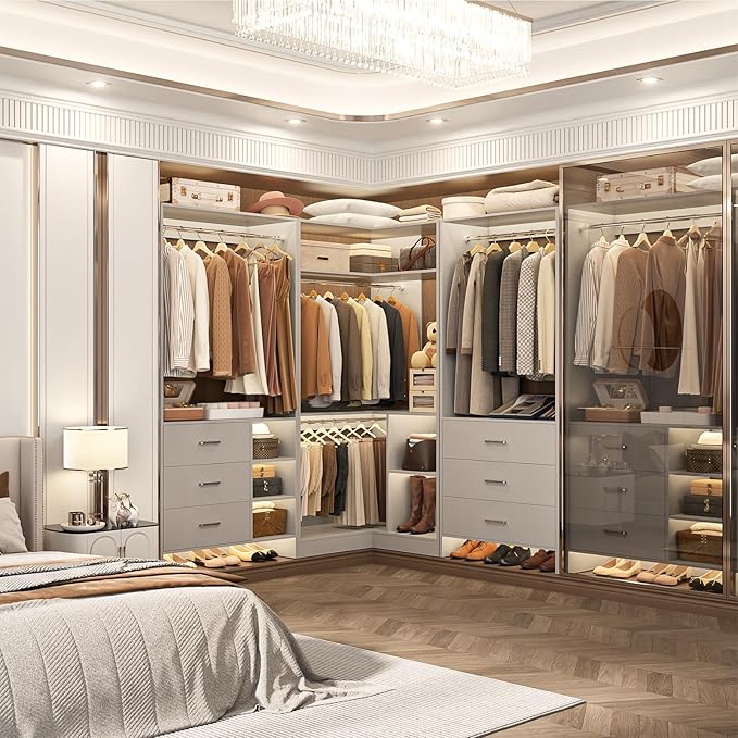 Aheaplus Closet System with 6 Drawers, 4 Hanging Rods & Corner Tower, Corner Closet System with Hanging, 86.8" L-Shaped Walk-In Wardrobe Organizer, 2000+ lbs Capacity, Set of 3, Grey