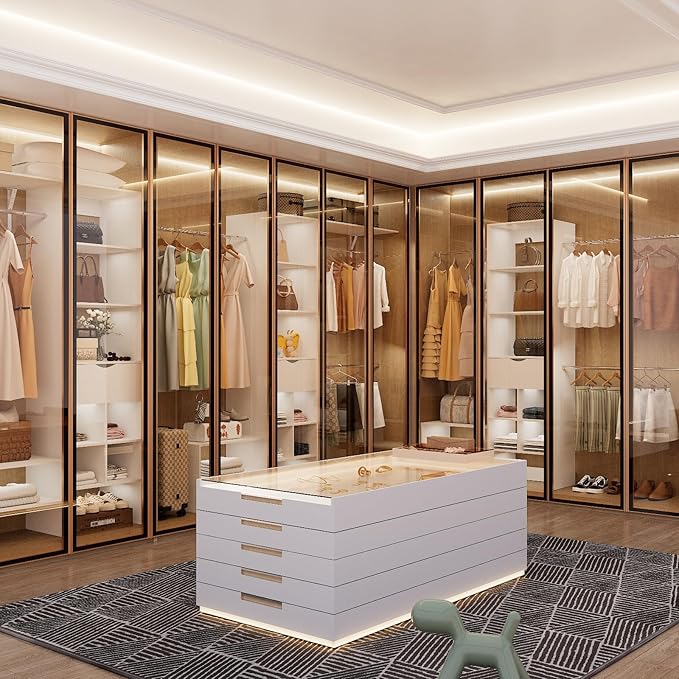 8ft Closet System with Drawers, 99 Inches Walk in Closet Organizer System with 3 Hanging Rods, Adjustable Built in Closets Systems, Sturdy Closets Insert, Easy Assembly, Max Load 1000 Lbs, White