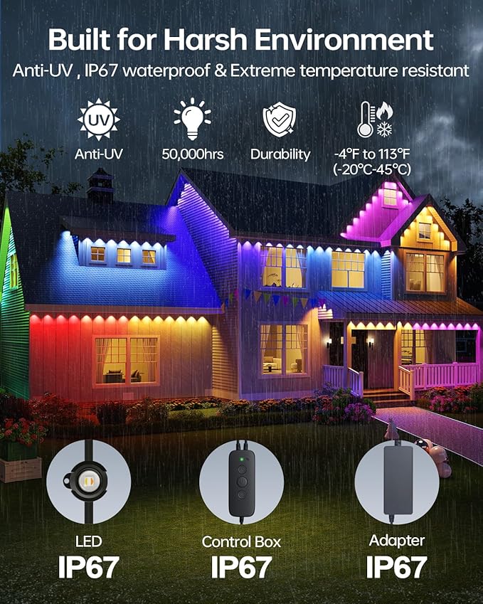 ASAHOM AI Permanent Outdoor Lights S107B, 100FT with 72 RGBCW LED Lights and Dual Output, 30,000 Lighting Effect Combination, IP67 Waterproof for House Halloween Christmas and Daily Decoration, Black