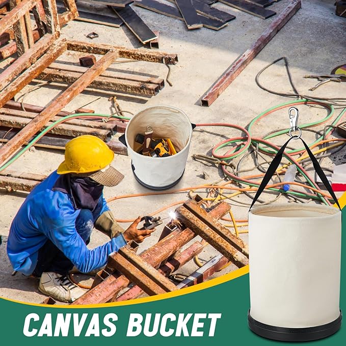 2 Pack Utility Canvas Tool Bucket 15" x 12" All Purpose Canvas Bucket Bag, Truck Tool Organizer with Plastic Bottom Metal Hook for Store Work Accessory, Load Capacity up to 150 Lbs (White)