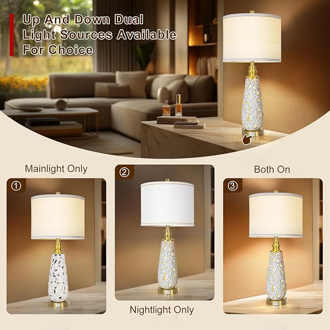 29" Ceramic Table Lamps Set of 2 with Night Light - Lamps for Nightstand,Bedside Lamps with USB Ports,Nightstand Lamps,Modern Table Lamps with White Linen Shade for Living Room,Bedroom(Bulb Included)