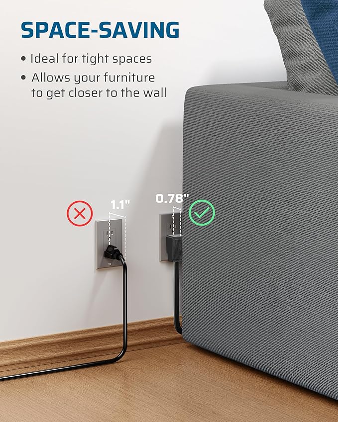 DEWENWILS 15FT Flat Plug Extension Cord, 3 Prong Ultra Thin Power Strip, 13A/125V/1625W, 16/3 Awg Grounded Flat Power Cable for Indoor Narrow Space, SPT-3 Cord, ETL Listed, Black