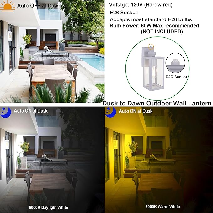 LIT-PaTH Dusk to Dawn Outdoor Wall Lantern, Wall Sconce as Porch Lighting Fixture, E26 Medium Base Max 60W, Anti-Rust Metal with Glass Shade, White, 1-Pack