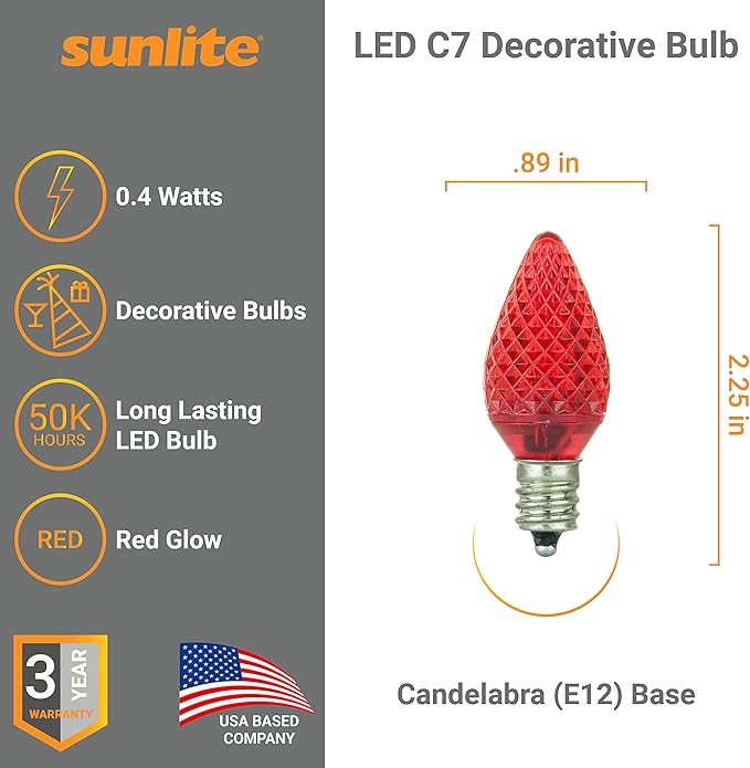 Sunlite 40460 LED C7 Holiday Decorative Light Bulb, 0.4 Watts, E12 Candelabra Base, Faceted Christmas-Lights; Nightlight, Red 24 Count