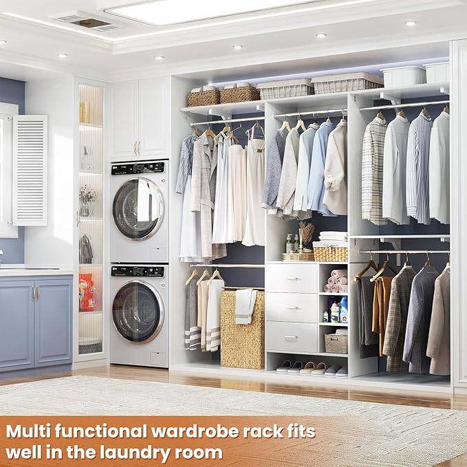 Aheaplus Closet System, Closet Organizer with 3 Wooden Drawers, 8FT Closet Organizer System, 96’’ Walk-in Closet Wardrobe Clothes Rack with Hanging Rods, Garment Rack, Fits 5.3-9 ft, -W3,White