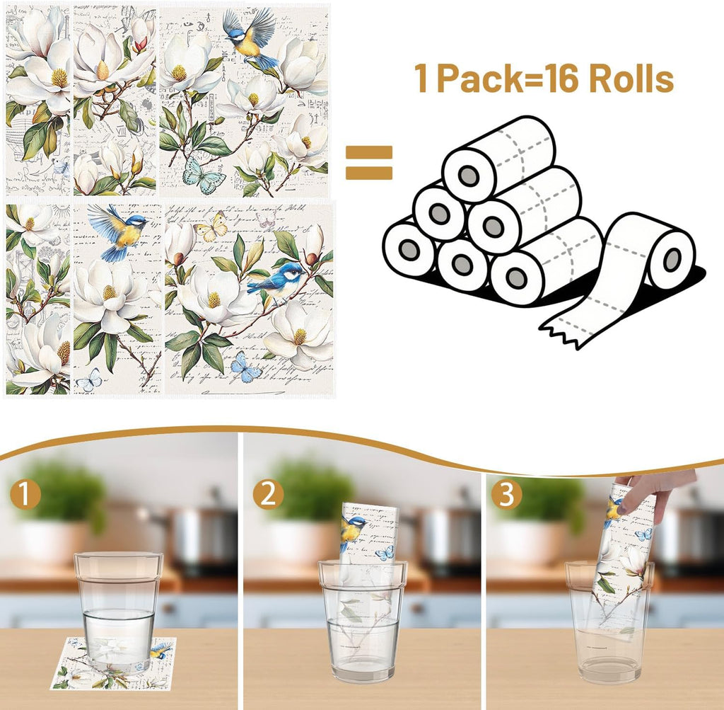 Floral and Birds Swedish Dishcloths for Kitchen, 6 Pack Vintage Flower Reusable Paper Hand Dishing Towels Housewarming Gifts, Absorbent Dish Rags Decoration for Home Cooking Cleaning