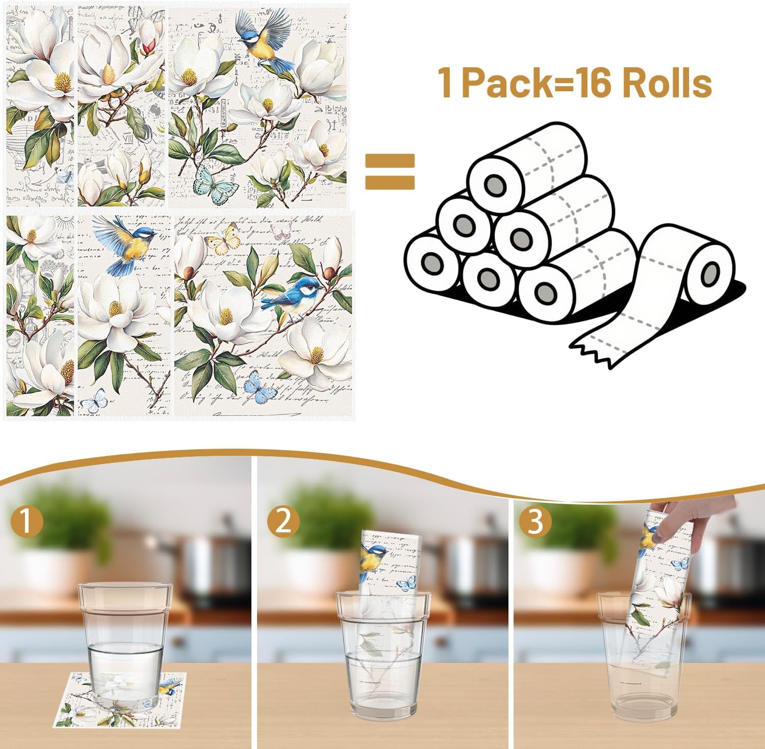 Floral and Birds Swedish Dishcloths for Kitchen, 6 Pack Vintage Flower Reusable Paper Hand Dishing Towels Housewarming Gifts, Absorbent Dish Rags Decoration for Home Cooking Cleaning