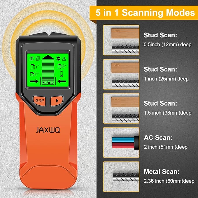 Stud Finder Wall Scanner - 5 in 1 Stud Finder Tool w/Smart Chip and HD LCD Display, Stud Detector Beam Finders for the Center and Edge of Wood AC Wire Metal Studs Joist Pipe (BloodOrange)