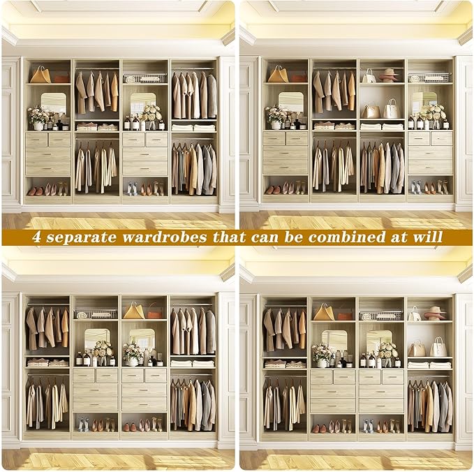 Unikito 100” Closet System with Drawers, 8.3FT Wood Closet Organizer with Hanging Rods and Mirror Design, Reversible Large Walk in Closets Tower Garment Racks with Shelves, White Oak