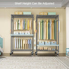 FUTASSI P1 Heavy Duty Garment Rack, 3 Tiers Adjustable Rolling Metal Closet Organizer with Lockable Wheels, FreeStanding Wardrobe with Double Hanger Rods & 1 Pair Hooks, Max Load 450 LBS, Gray