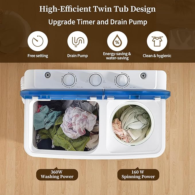 VCJ Portable Washing Machine, Twin Tub Washing Machine Laundry Compact Washer spinner Combo with 20lbs capacity, 12Lbs Washer and 8Lbs Spinner dryer for Apartments RVs and Dorms