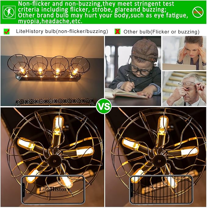 LiteHistory E26 LED Bulb 6W Equivalent E26 Bulb 60 watt Warm White 2200K Amber E26 Edison Bulb dimmable AC120V 400lm Tubular T14 T45 LED Bulb for Pendant, Sputnik,Vanity,Wall sconces Pack of 6