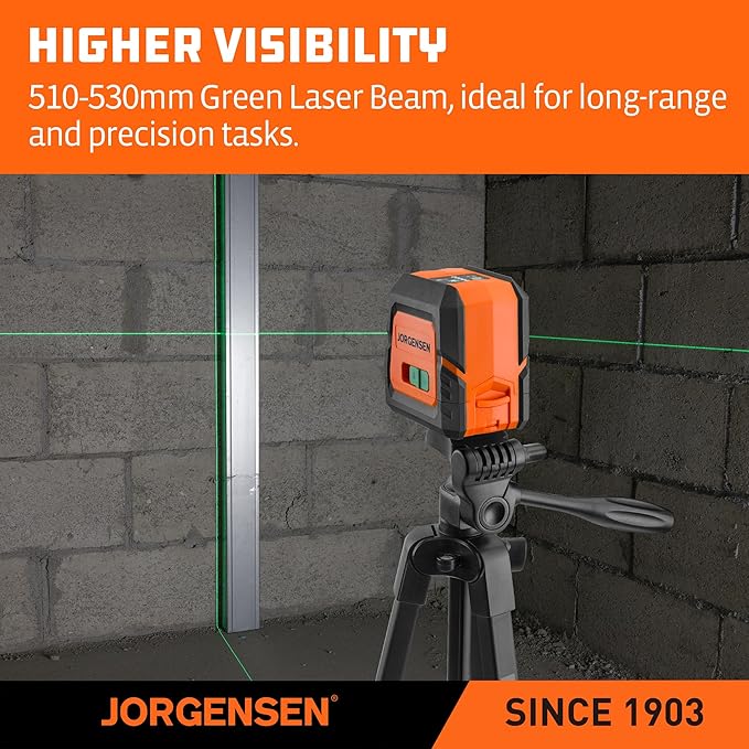 JORGENSEN Laser Level with Tripod & 2 Plumb Dots, 100 FT Self Leveling Point Cross Line Laser Leveler Tool, Wide Angle Green Laser Level for Picture Hanging, Indoor Project, Construction, Carry Bag
