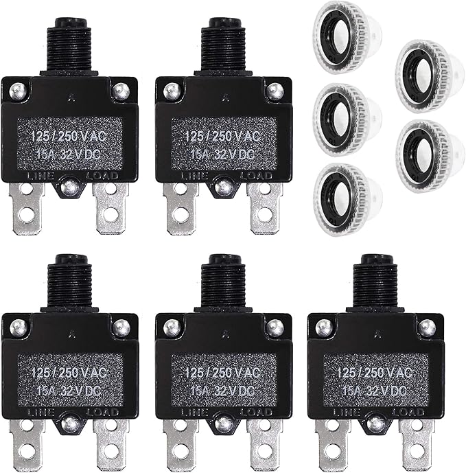 5PCS 15Amp Circuit Breakers with Push Button Reset 32VDC,AC125-250V with Quick Connect Terminals and Waterproof Button Cap