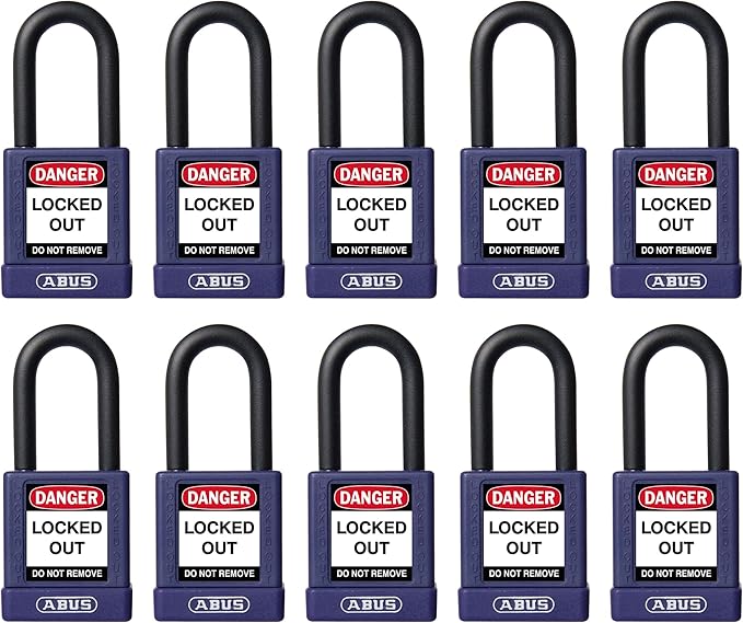 ABUS Purple Pack of 10 Lockout Tagout Premium Solid Body Safety Padlock Set - OSHA Compliant Loto Locks Insulated Against Electric Shock, Keyed Different, 1 Key Per Lock