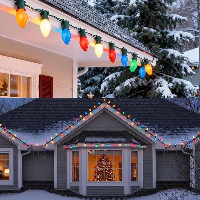 25 Pack Multicolor Christmas Light Bulbs,C9 Glass Incandescent Christmas Replacement Bulbs for String Light,C9/E17 Candelabra Base 7 Watt Great for Outdoor Indoor and Christmas Decorations