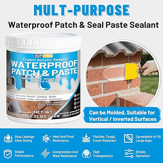 Waterproof Patch & Seal Rubberized Sealant Paste, 2.2lbs Anti-Leakage Clear Waterproof Paste Invisible Indoor & Outdoor Repair for Curved and Vertical Surfaces Wood, Tile, Stone, Roofs, Wall