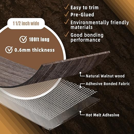 GSCIT Club Walnut Edge Banding, 1 1/2 inch x 100ft roll of Veneer Edge Banding - Pre-glued Flexible, Real Wood Tape for Cabinet Repair & Furniture Restoration