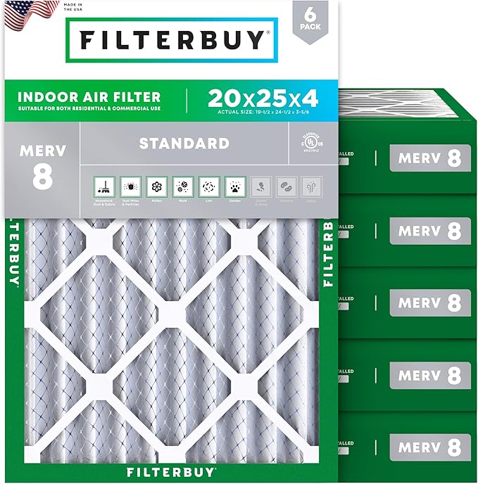 Filterbuy 20x25x4 Air Filter MERV 8 (MPR 700) Dust Defense Replacement (6-Pack), Electrostatic Pleated HVAC AC Furnace Filters, Made in USA (Actual Size: 19.50 x 24.50 x 3.63)