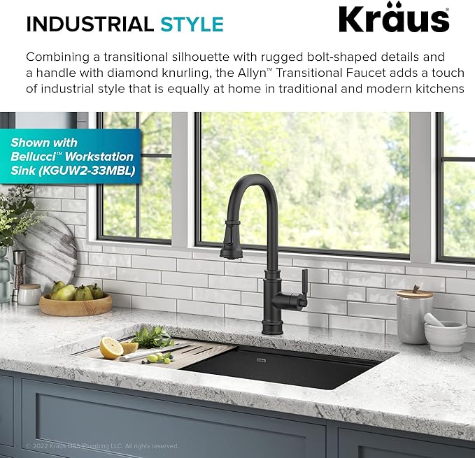 KRAUS Allyn Transitional Industrial Pull-Down Single Handle Kitchen Faucet in Matte Black, KPF-4101MB