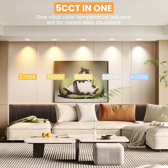 Gefolly 5CCT Recessed Lighting 4 Inch, 9W 630LM, Retrofit Led Can Lights for Ceiling, Selectable 2700K/3000K/4000K/5000K/6000K, Dimmable Led Recessed Light, 4 Pack