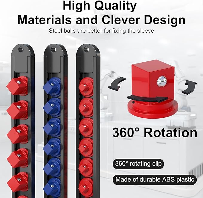 FIVEPEARS 6PCS 360° Socket Organizer Twist Lock,3/8 1/4 1/2 Socket Storage Rails, Premium Quality Socket Holders for Tool Box ，Tool Carts，Contains up to 80 Clips (Blue & Red)