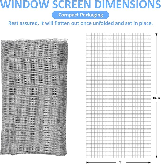 48"x102" Window Screen Mesh, Fiberglass Window Screen, Screen Door Mesh, Windows Screens and Screen Door Replacement, Patio Screen Mesh- Gray