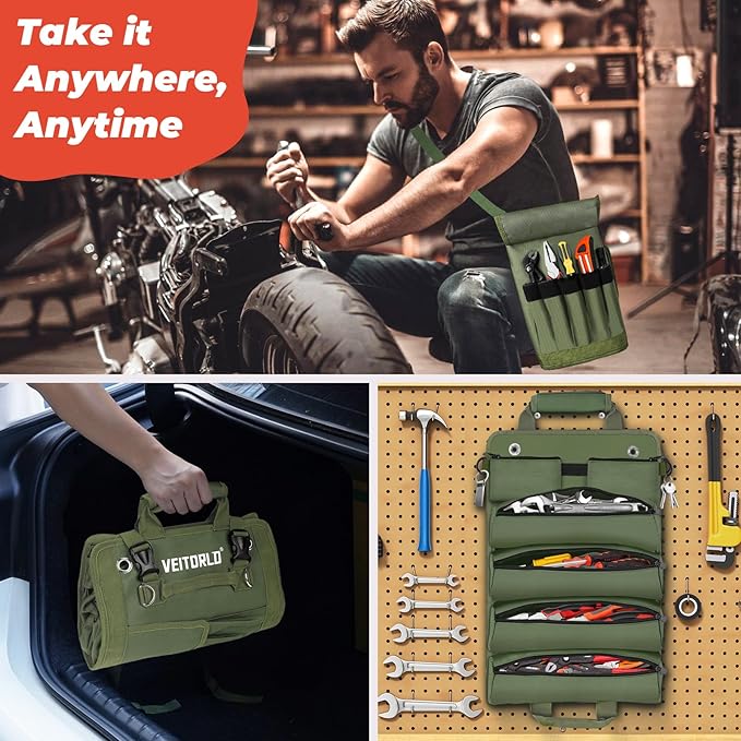 Roll Up Tool Bag, Gifts for Men Dad Husband Him Christmas, Mens Stocking Stuffers, Portable Tools Storage for Men, Heavy Duty Tool Organizer W/Detachable Pouches for Electrician Mechanic Carpenter