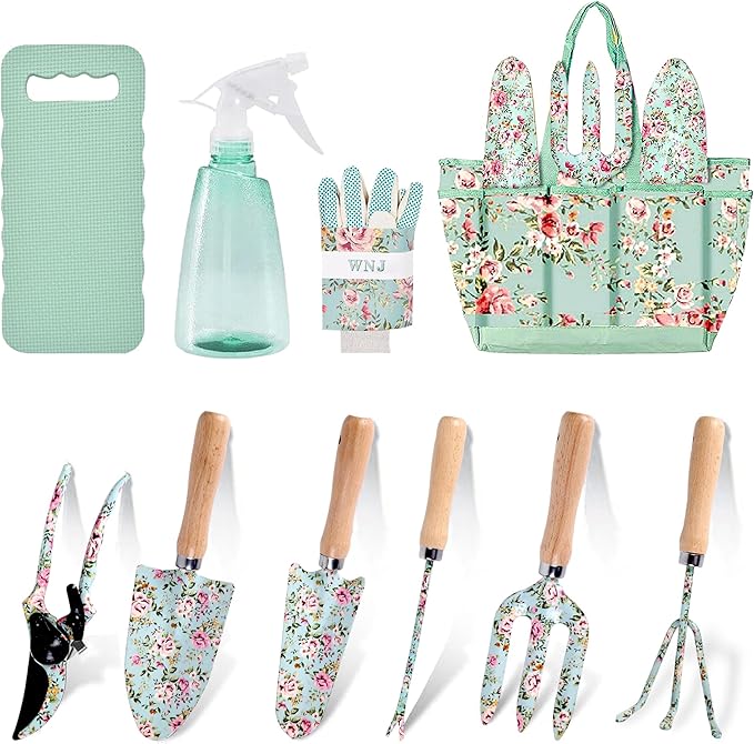 WNJ Gardening Tool Set, 10 PCS Heavy Duty Floral Pattern Garden Tools Set Kit, Complete Gardening Tool Bag Set, with Non-Slip Rubber Handle, Best Gifts for Women