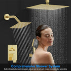 Shower Faucet Set, 12" Ceiling Mount Rainfall Shower System with 2 Rain Shower Head and Multi-function Handheld Head Push Button Diverter Shower Faucet Trim Kit (12", Brushed Gold)