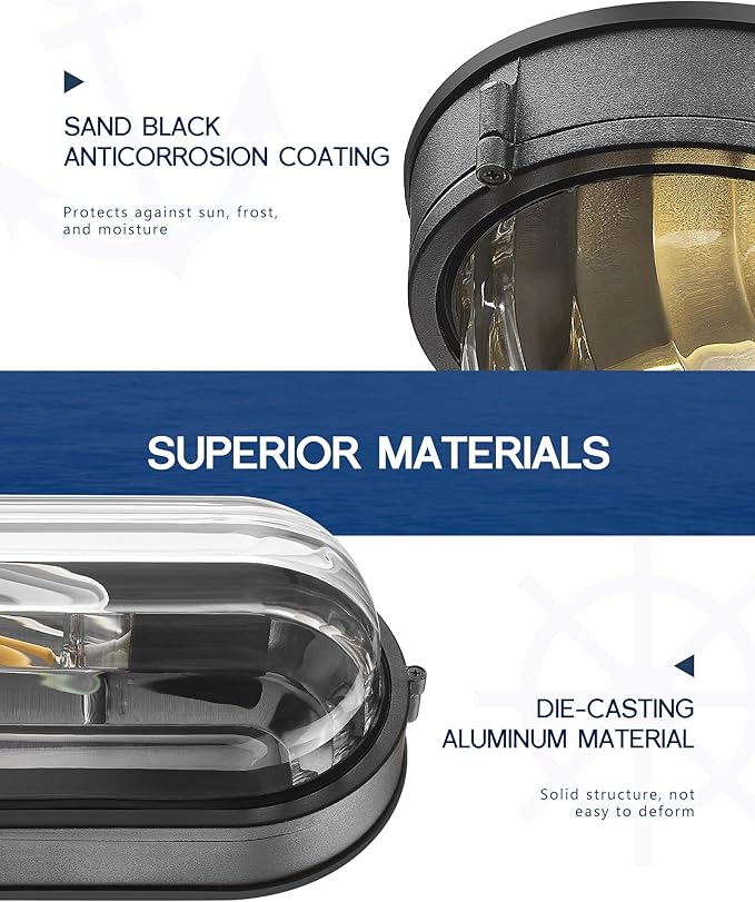 FEMILA 11" Oval Bulkhead Exterior Wall Sconce, 2 Pack Wall Light & Ceiling Flush Mount, Aluminum, Ripple Glass, Front Porch Light for Patio/Garage/Entry, 4FYX104FL-2 BK SW