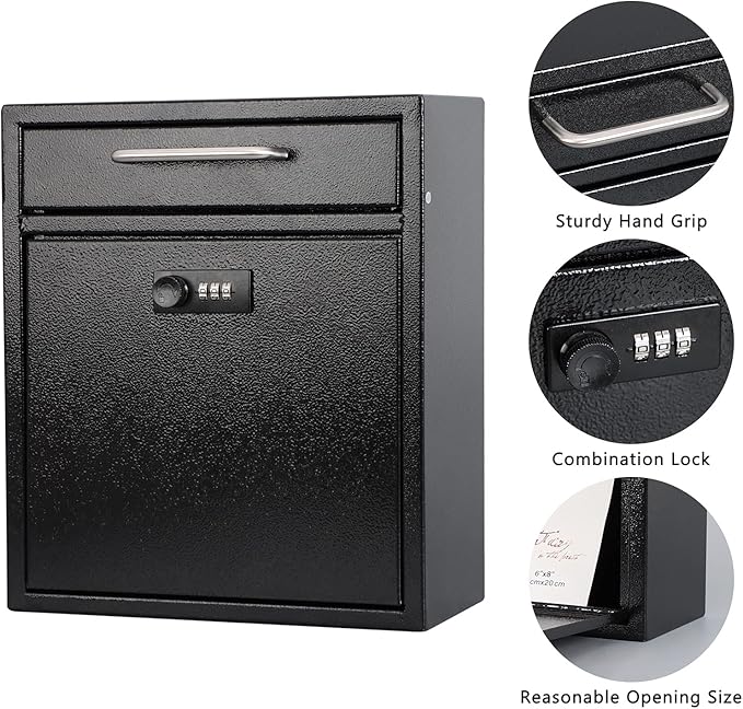 KYODOLED Steel Combination Lock Mail Boxes Outdoor, Locking Wall Mount Mailbox, Security Key Drop Box,12H x 10.51L x 4.68W Inches, Black Large