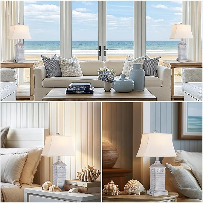 Hamucd Coastal Table Lamps Set of 2, Beach Living Lamps for Bedroom with USB A+C, Antique Grey Modern Resin LED 3-Color Temperature Bedside Nautical Decor, Nightstand Tropical Lamps for End Table.